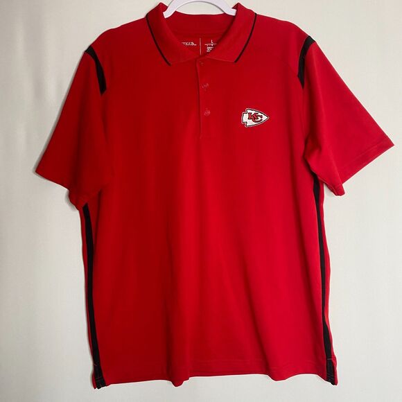 KC Chiefs Arrowhead Embroidered Red Ellipse Polo Black Detail Shirt Mens Large - Picture 1 of 13
